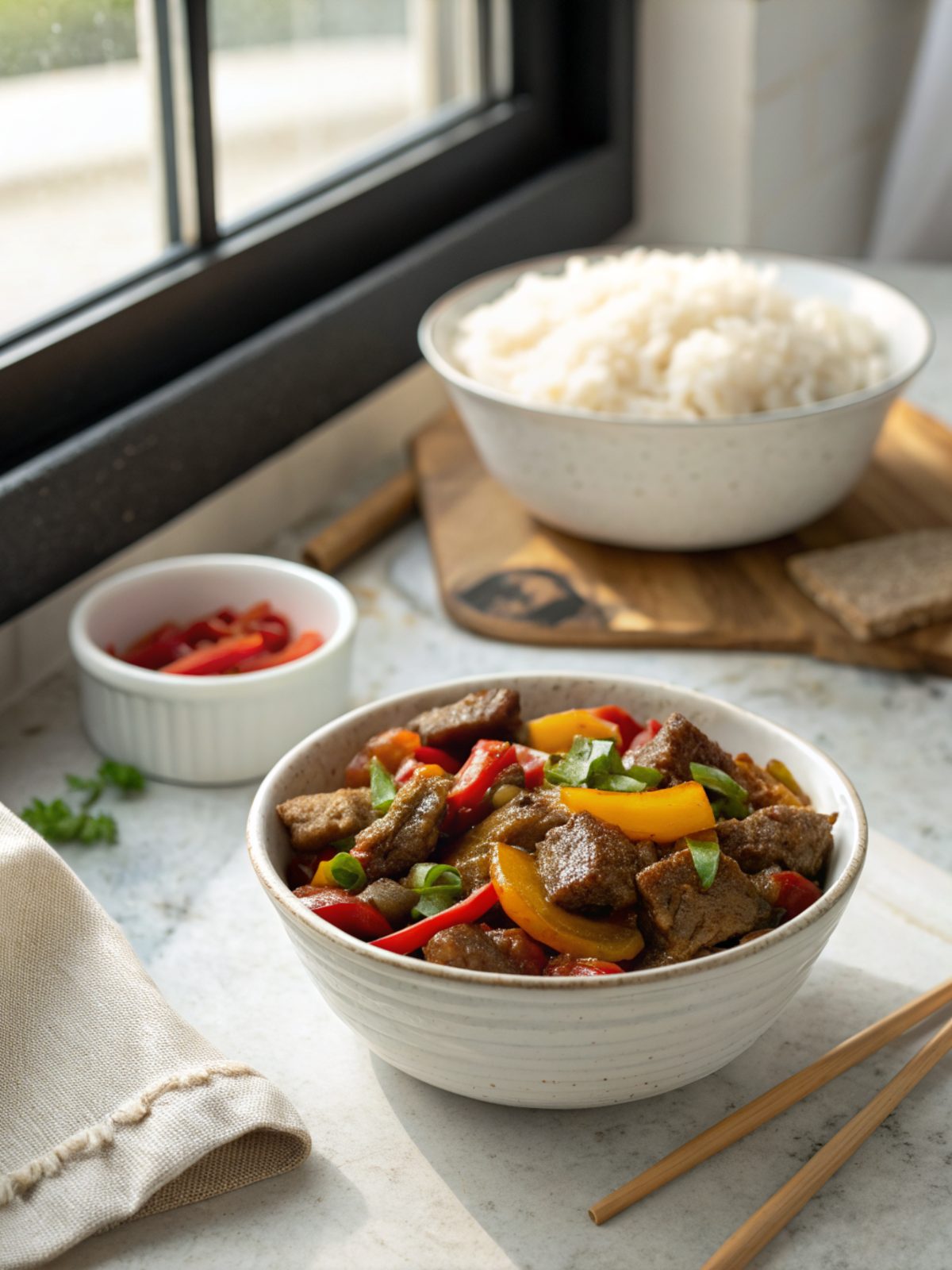 Deliciously tender crockpot pepper steak garnished and ready to serve.