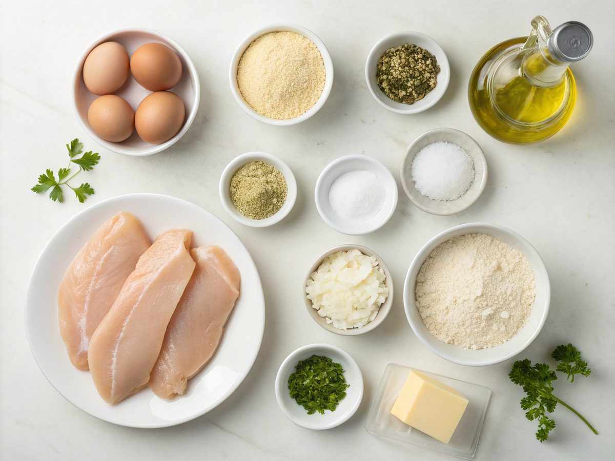 Ingredients for Crusted Chicken Romano Recipe, showcasing fresh chicken and cheese
