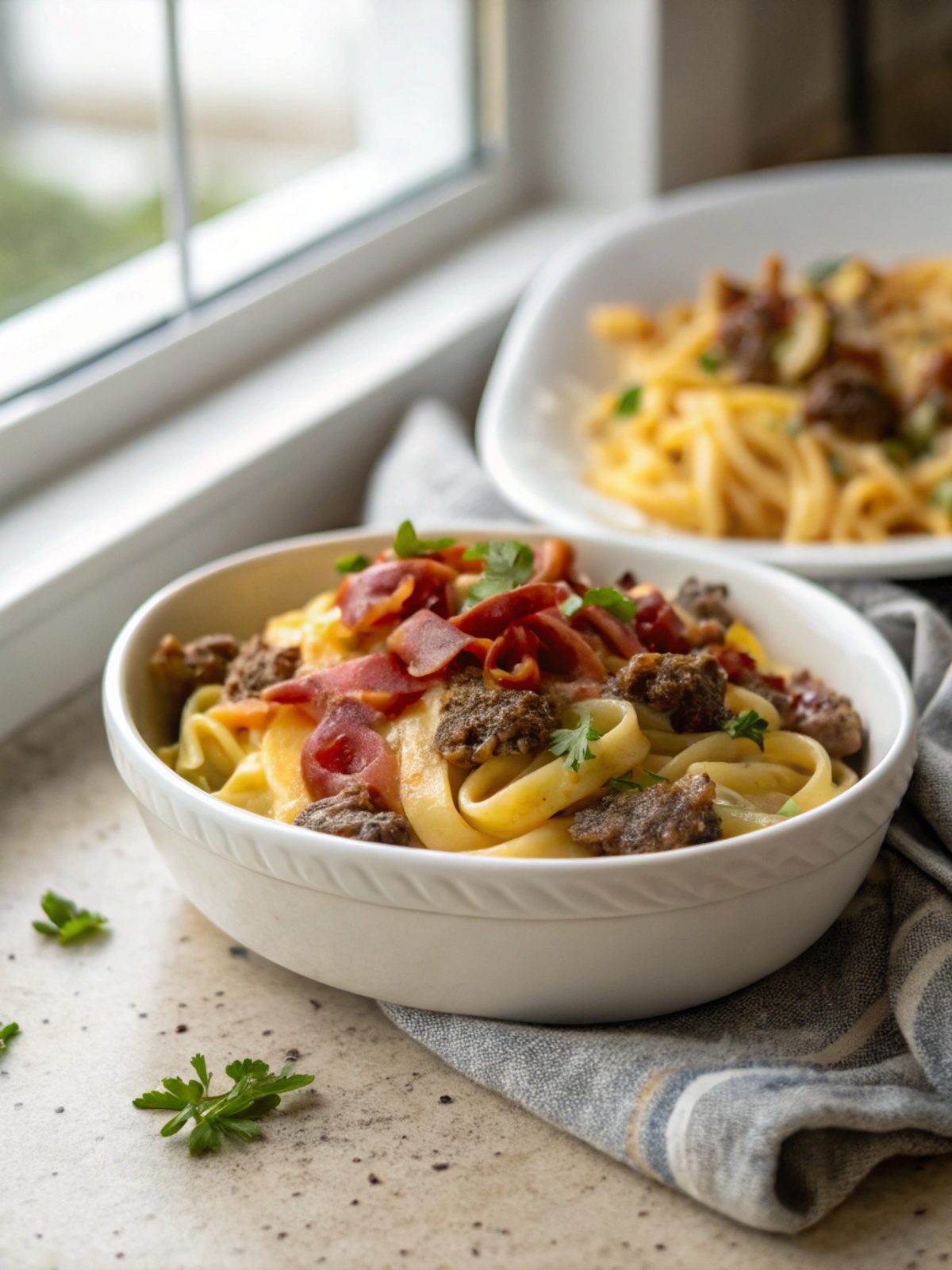 Featured image of the Bacon Cheeseburger Alfredo Pasta served in a white bowl.