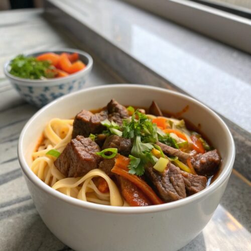 Close-up of a bowl of beef and noodles, showcasing tender beef and rich sauce.