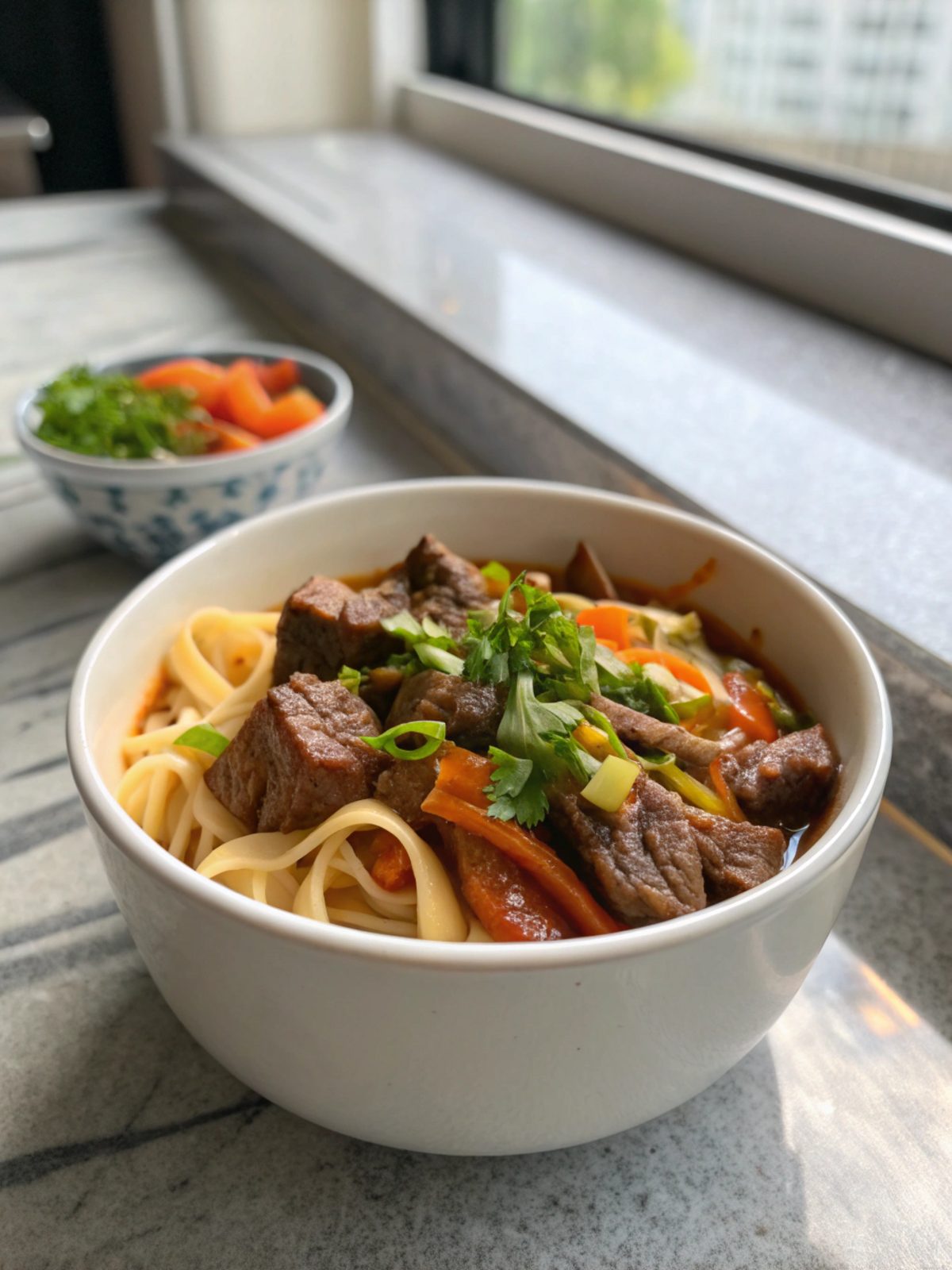 Close-up of a bowl of beef and noodles, showcasing tender beef and rich sauce.