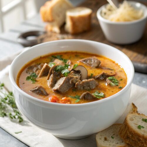 Delicious creamy beef stroganoff mushroom soup in a bowl