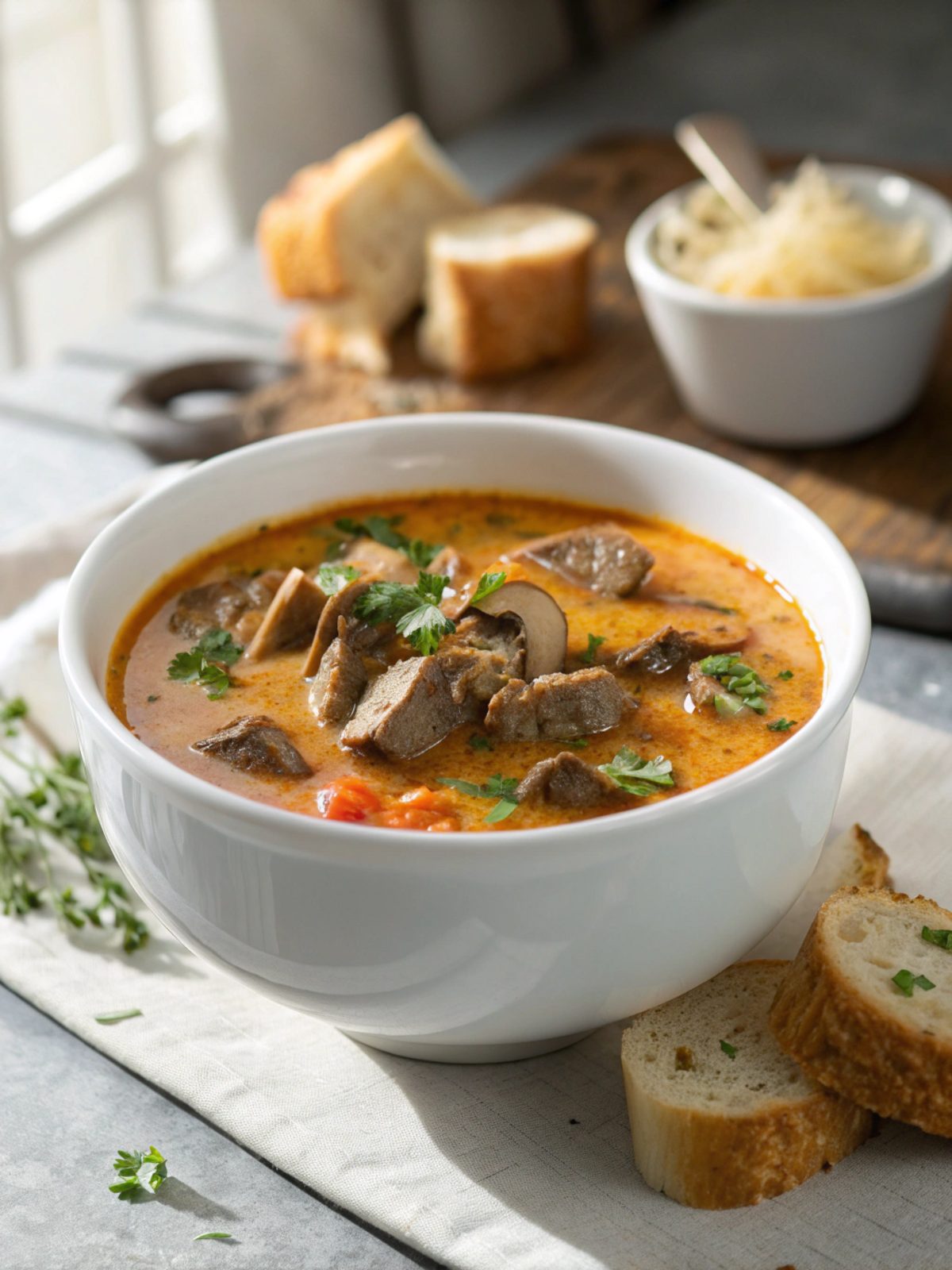 Delicious creamy beef stroganoff mushroom soup in a bowl