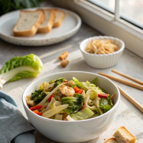 Delicious Chinese cabbage stir fry served in a white bowl.