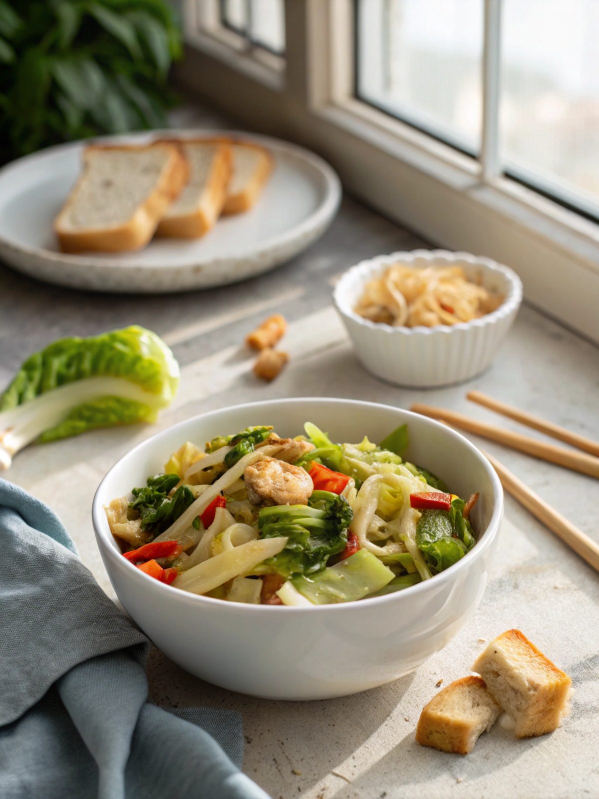 Delicious Chinese cabbage stir fry served in a white bowl.