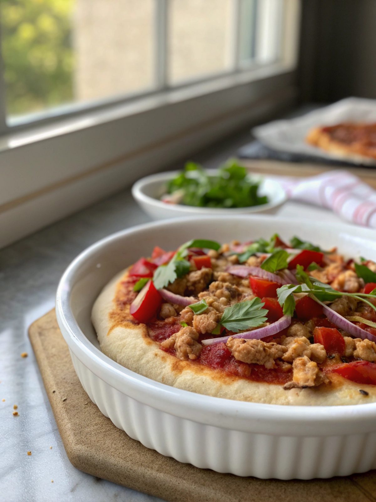 SEO-friendly alt text describing the featured image, including the ground chicken pizza crust keyword
