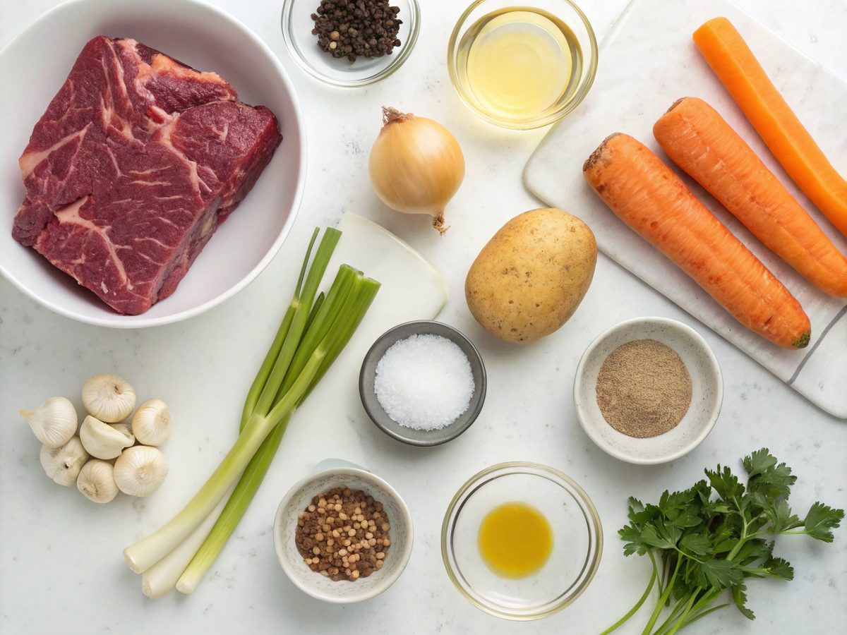 Ingredients display for creamy beef chowder including beef, broth, and vegetables.