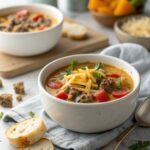 SEO-friendly alt text describing the featured image of keto beef cheeseburger soup