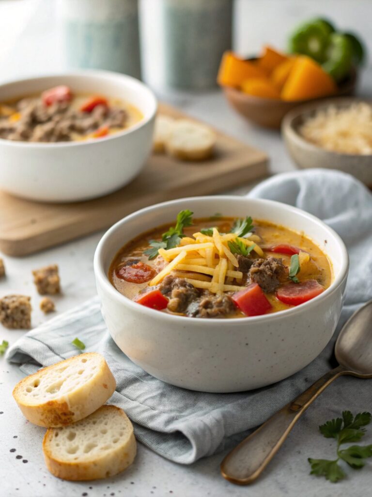 SEO-friendly alt text describing the featured image of keto beef cheeseburger soup
