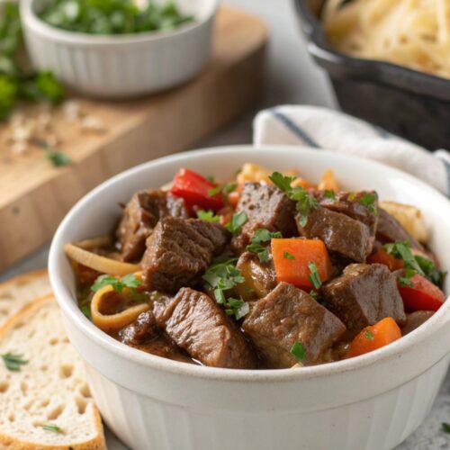 Featured image of beautifully plated oven-baked beef tips with lush garnishes.
