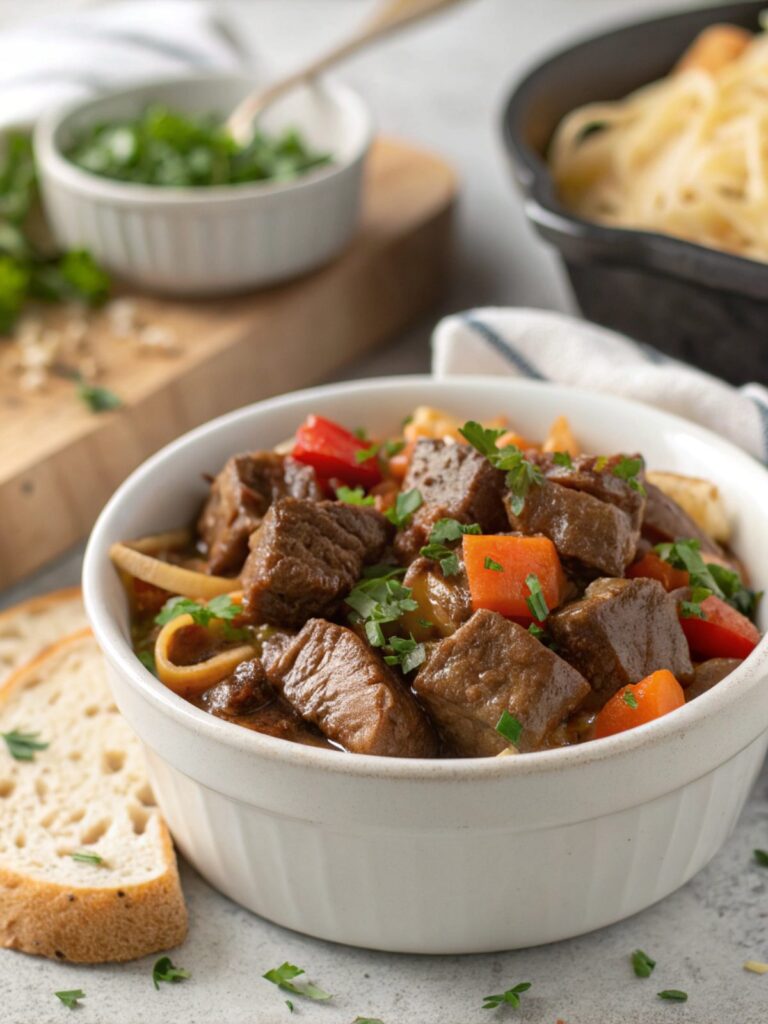 Featured image of beautifully plated oven-baked beef tips with lush garnishes.