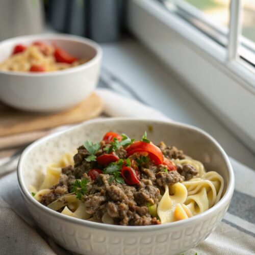 Hearty and delicious Ground Beef Stroganoff served fresh.