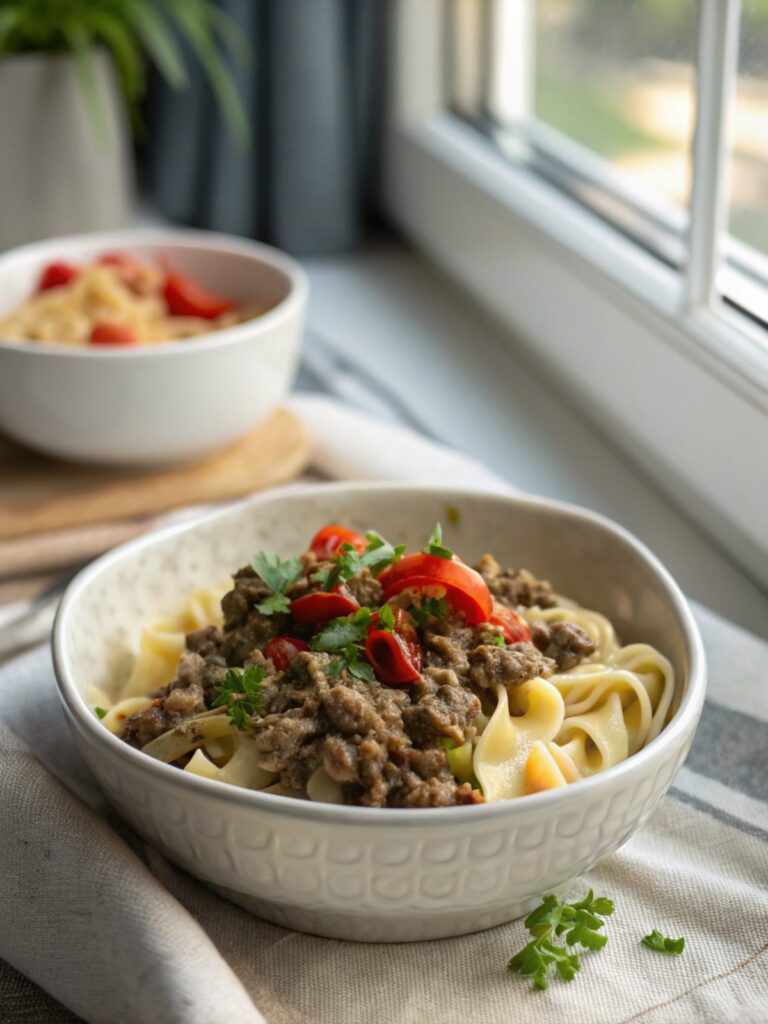 Hearty and delicious Ground Beef Stroganoff served fresh.