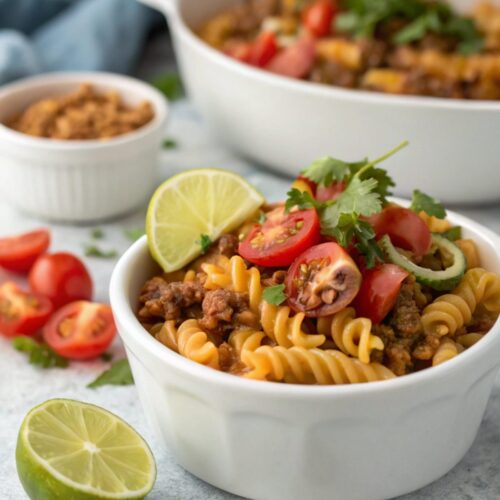 Vibrant and savory one pot taco pasta with cheese garnishing.