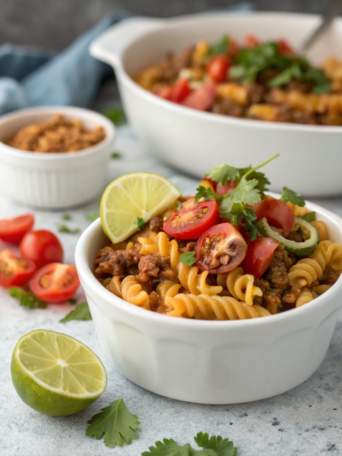 Vibrant and savory one pot taco pasta with cheese garnishing.