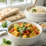 A vibrant image of spicy coconut chicken curry, served hot and garnished.