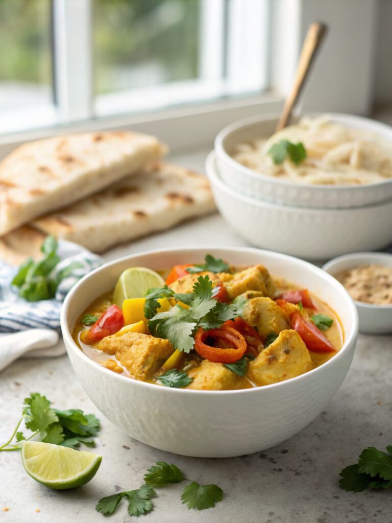 A vibrant image of spicy coconut chicken curry, served hot and garnished.