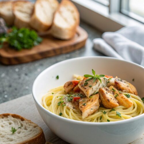Feature image of Garlic Butter Chicken Pasta with creamy sauce and chicken.