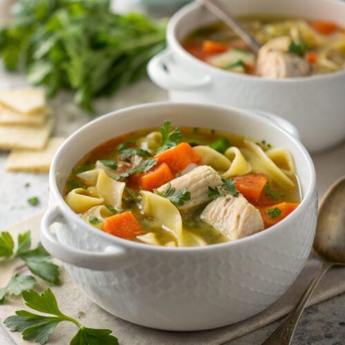 Warm and inviting bowl of Dutch Oven Chicken Noodle Soup, perfect for cozy days.