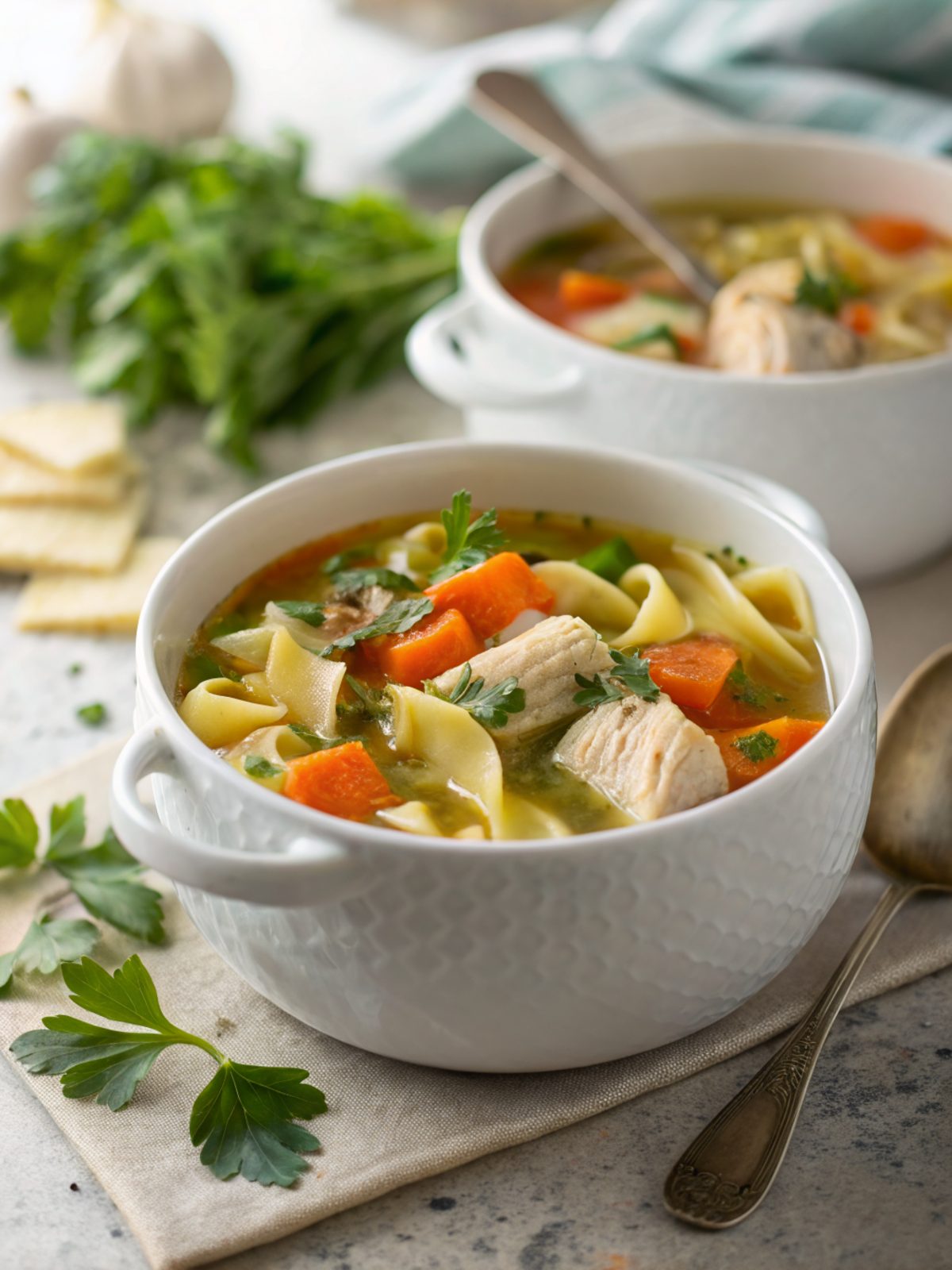Warm and inviting bowl of Dutch Oven Chicken Noodle Soup, perfect for cozy days.
