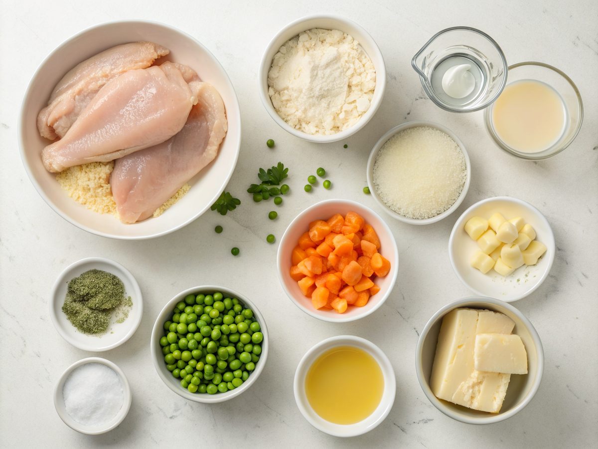 Flat lay of ingredients for chicken pot pie casserole including cooked chicken, vegetables, and cream soup.