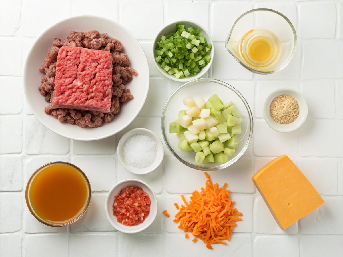 Ingredients for making Crockpot Cheeseburger Soup laid out on a kitchen counter
