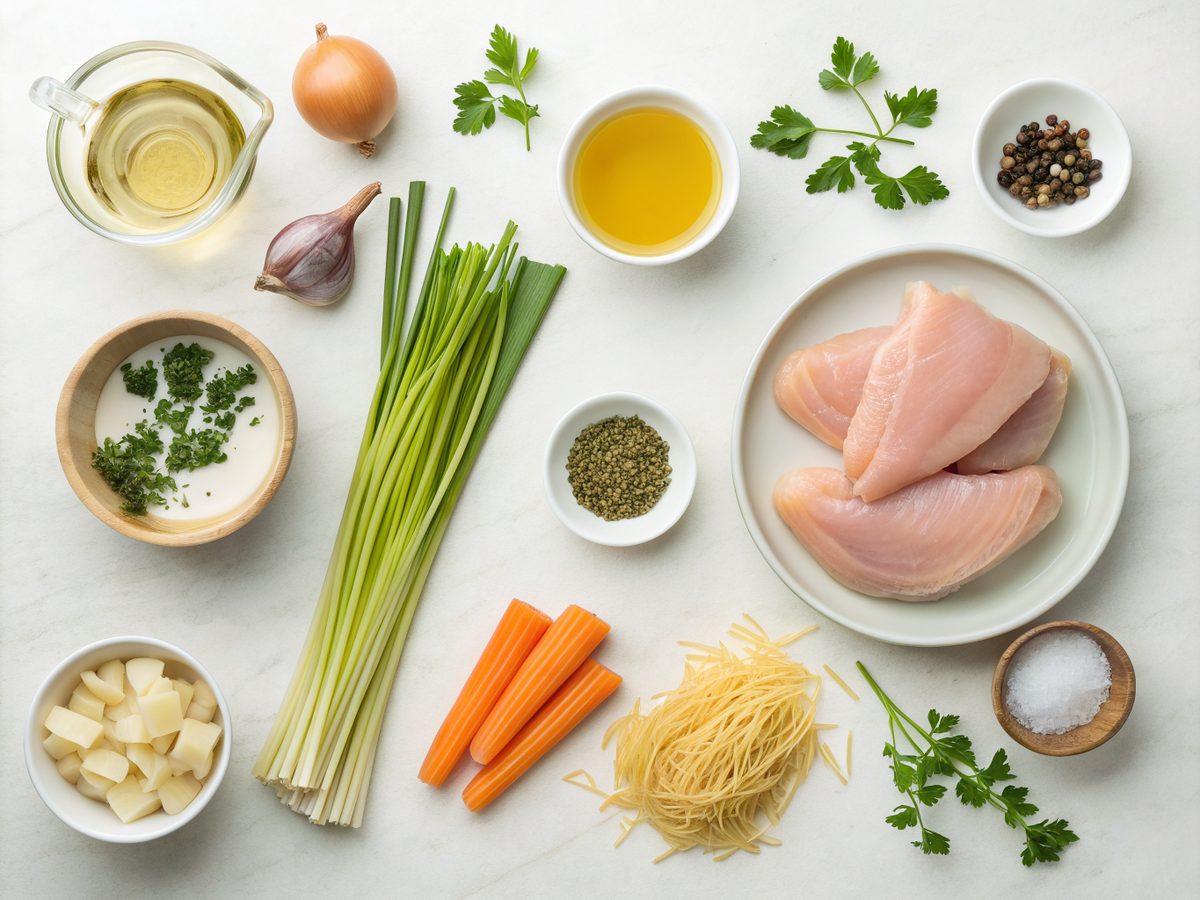 Essential ingredients for Dutch Oven Chicken Noodle Soup, including vegetables and chicken.