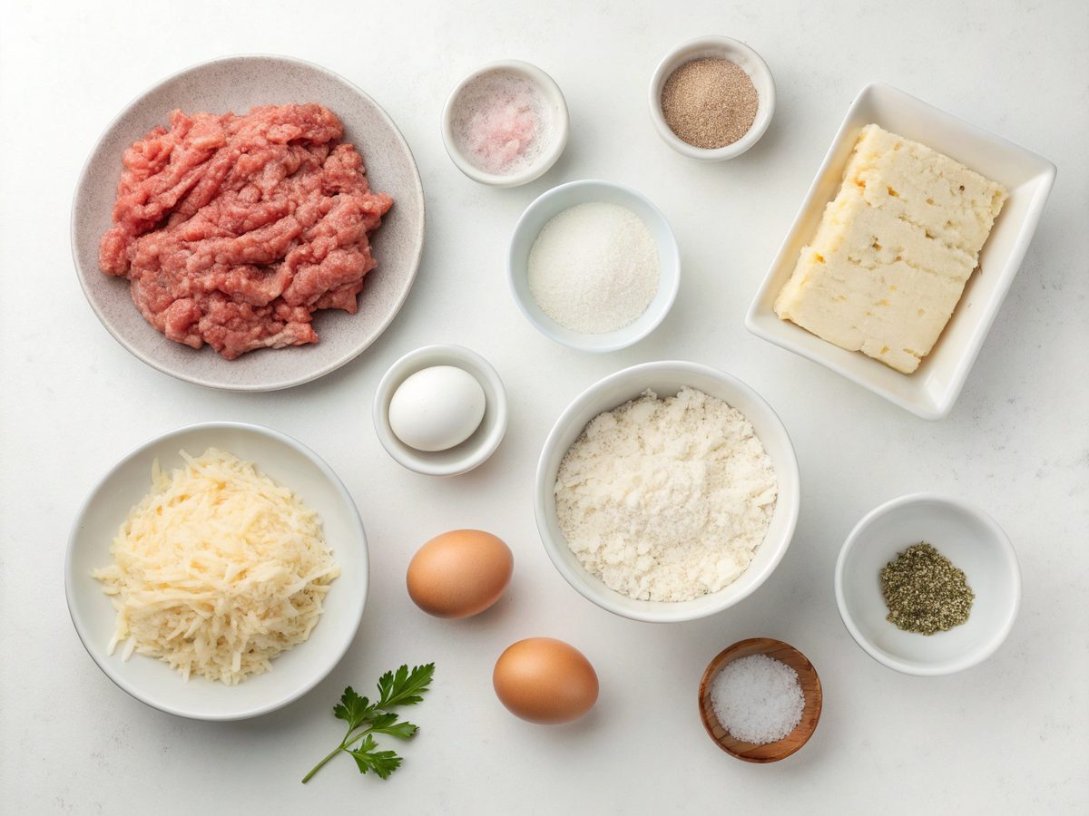 Ground chicken pizza crust ingredients on a kitchen counter