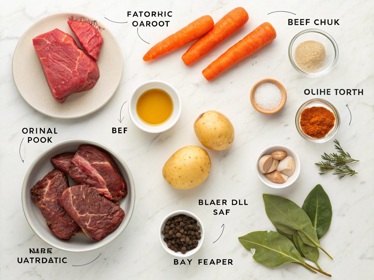 A clear visual of ingredients required for slow cooker beef stew.