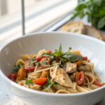 A close-up shot of Marry Me Chicken Pasta, highlighting its creamy texture and rich colors