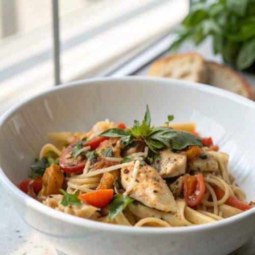 A close-up shot of Marry Me Chicken Pasta, highlighting its creamy texture and rich colors