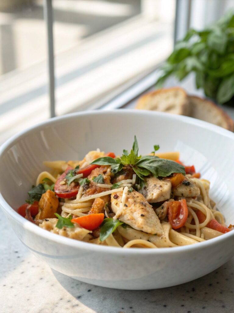 A close-up shot of Marry Me Chicken Pasta, highlighting its creamy texture and rich colors