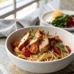 Delicious plate of Marry Me Chicken Pasta Recipe, showing creamy sauce and garnished basil.