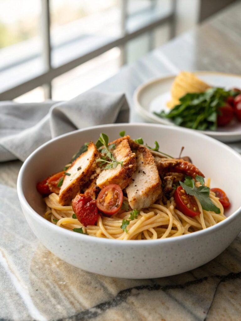 Delicious plate of Marry Me Chicken Pasta Recipe, showing creamy sauce and garnished basil.