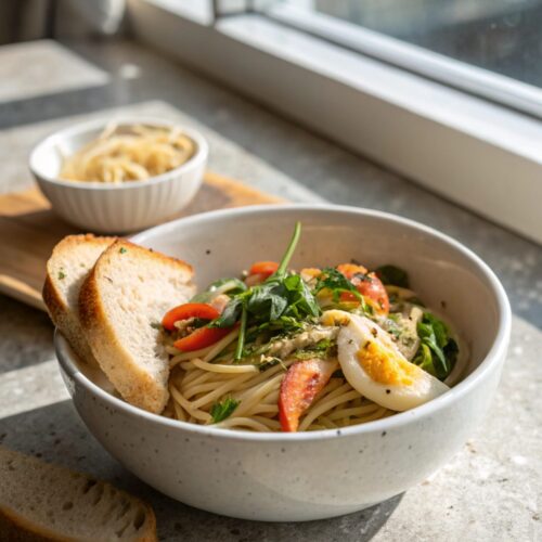 Beautifully plated high-protein dinner featuring Greek-style chicken.