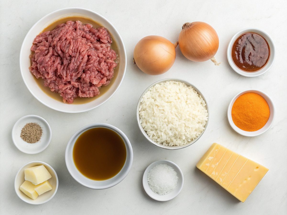 An array of ingredients for the French Onion Beef Rice Casserole, including beef, rice, and cheddar cheese.