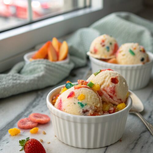 Delicious serving of Fruity Pebbles Protein Ice Cream