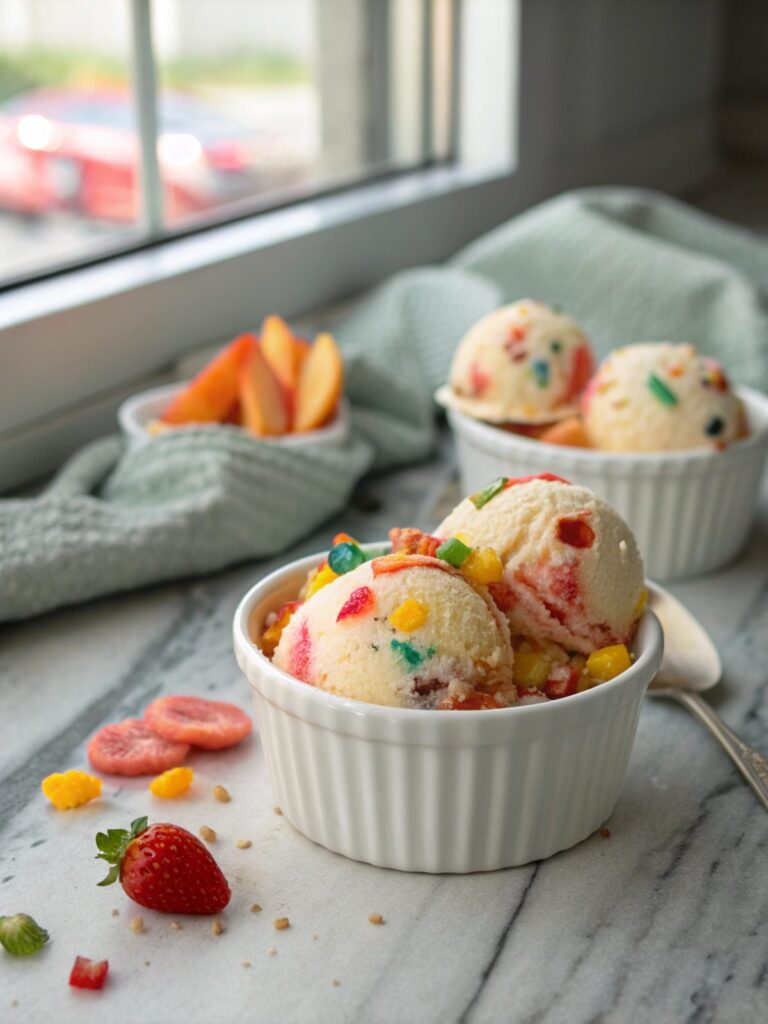 Delicious serving of Fruity Pebbles Protein Ice Cream