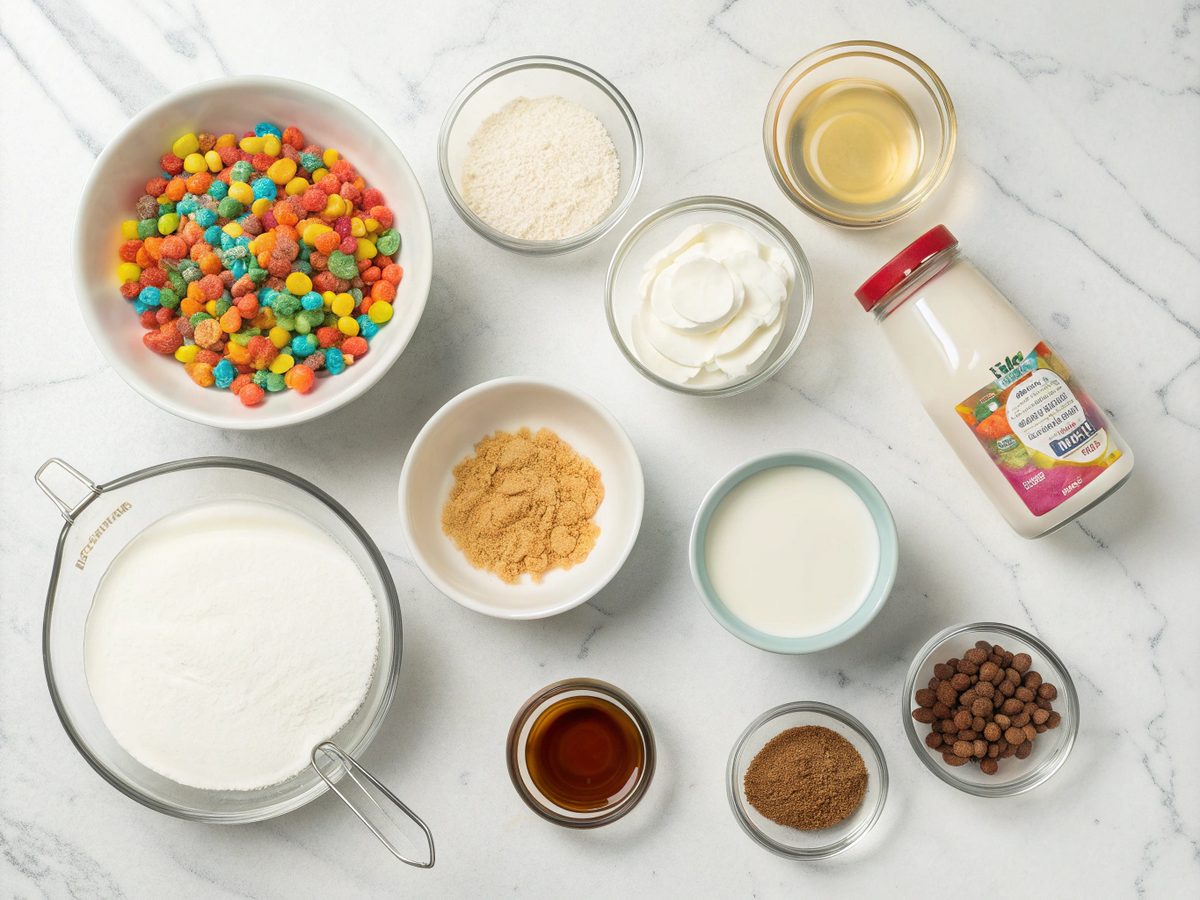 Colorful ingredients for Fruity Pebbles Protein Ice Cream