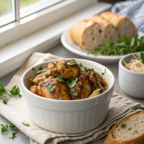 A close-up view of garlic brown sugar chicken served with garnish.