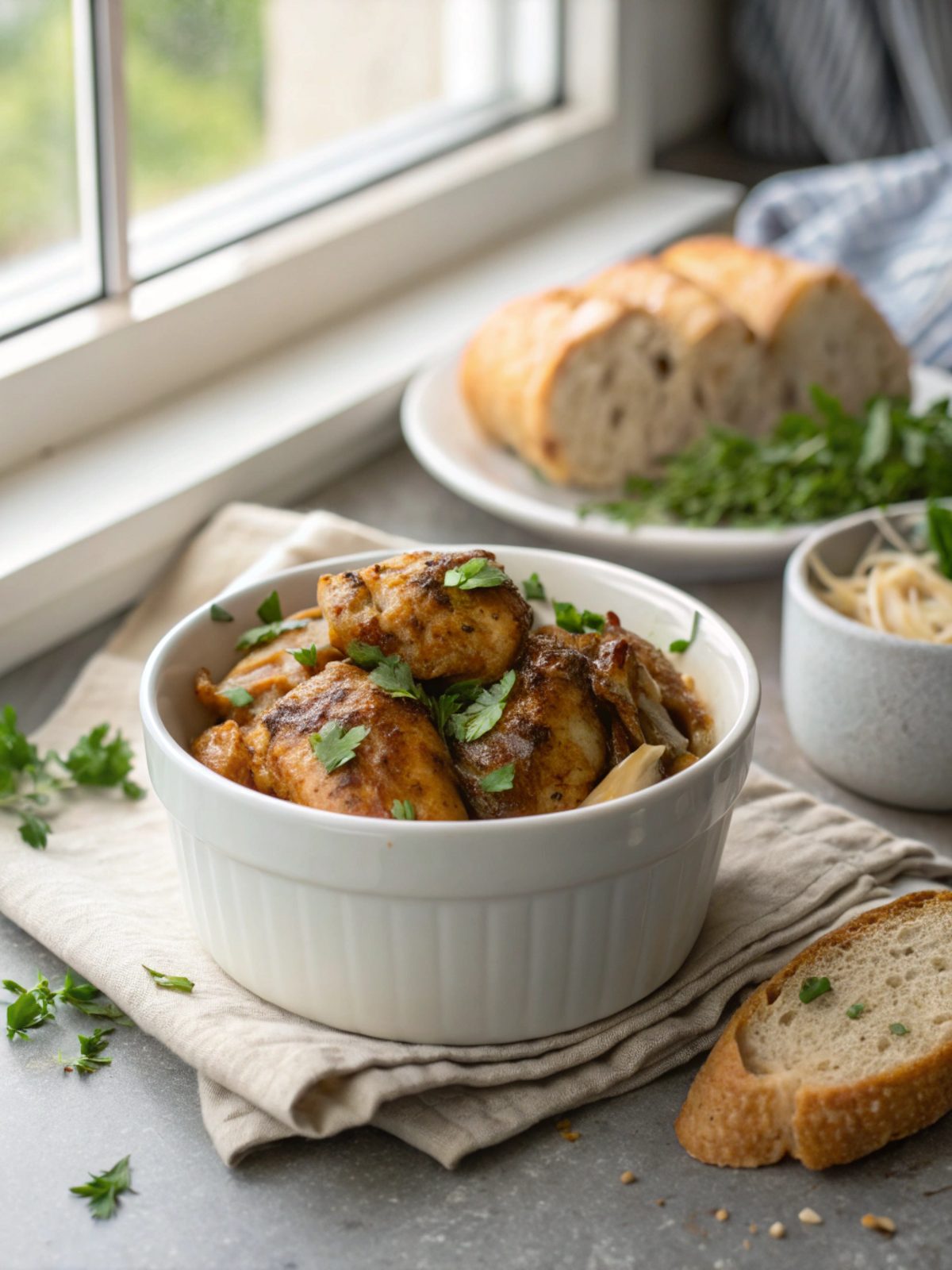 A close-up view of garlic brown sugar chicken served with garnish.