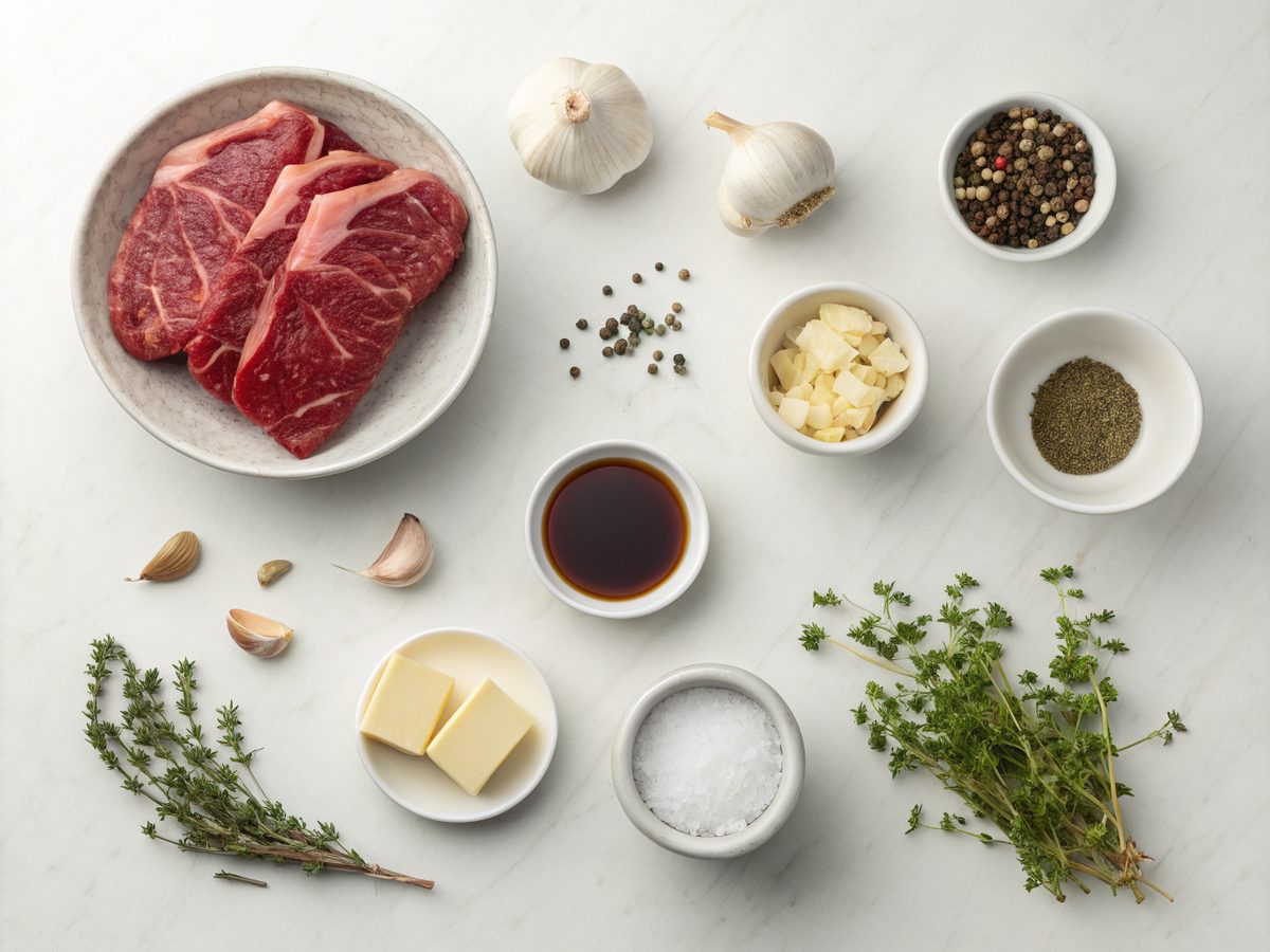Ingredients for Garlic Butter Beef Bites Crockpot recipe including beef, butter, and garlic.