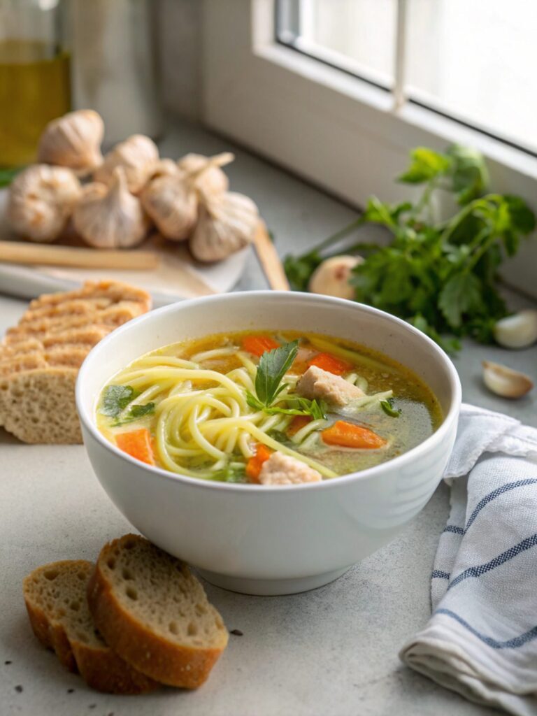 Delicious bowl of Ginger Garlic Chicken Noodle Soup