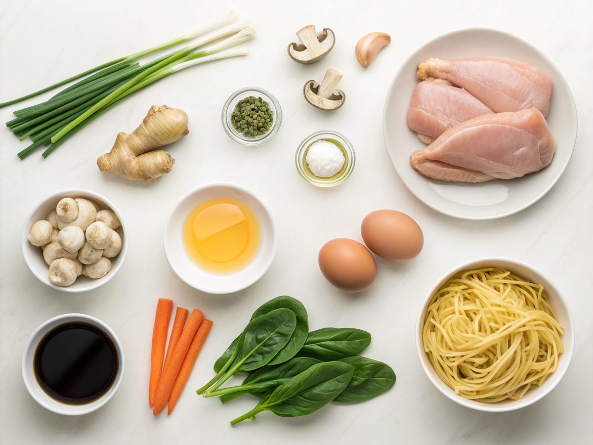 Image of fresh ingredients for ginger garlic chicken noodle soup, including chicken, noodles, and greens.