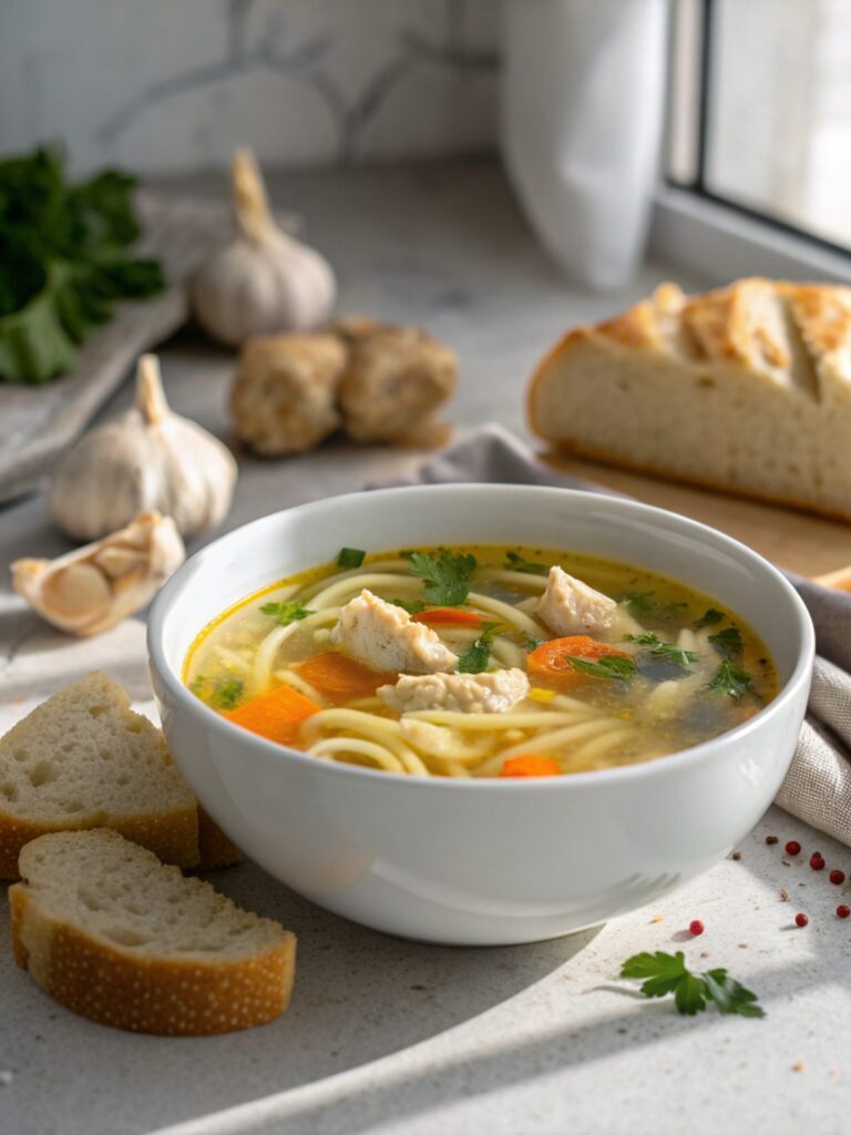 Close-up of ginger garlic chicken noodle soup in a bowl.