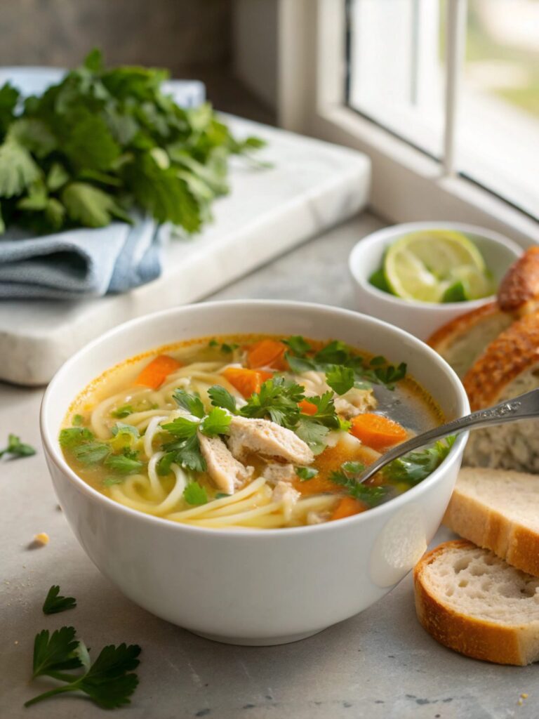 A bowl of zesty ginger garlic chicken noodle soup ready to serve