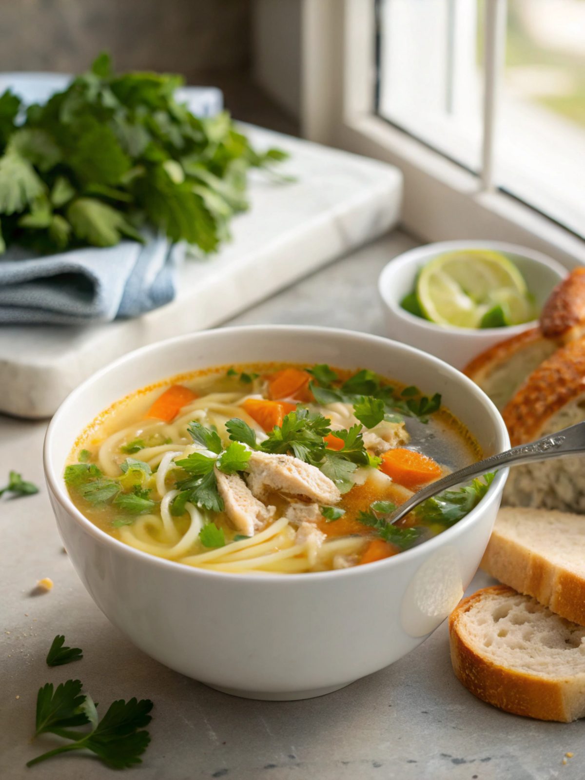 A bowl of zesty ginger garlic chicken noodle soup ready to serve