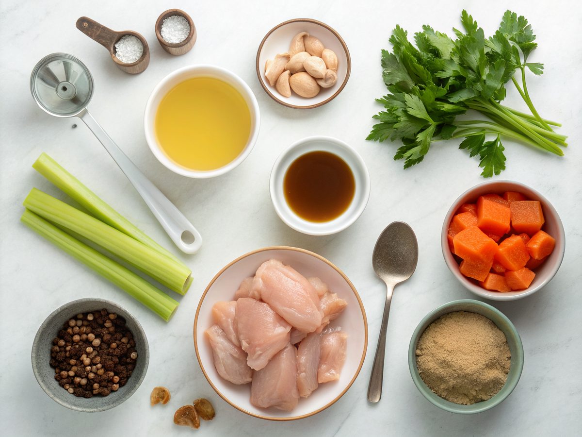 An overhead view of ingredients for Ginger Garlic Chicken Soup, including chicken, ginger, garlic, and vegetables.