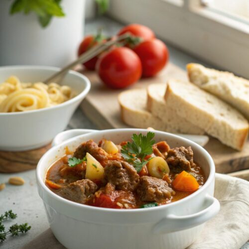 Delicious Grandma's goulash served in a bowl.