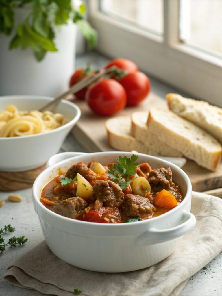 Delicious Grandma's goulash served in a bowl.